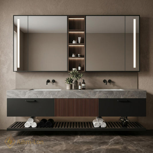 60''-96'' Double Bathroom Vanity with Sink Modern Floating Dark Grey Finish Slatted
