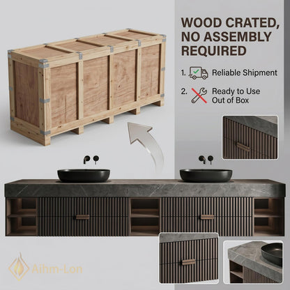 60''-96'' Double Bathroom Vanity with Sink Dark Stone Slatted Front Wide Shelving