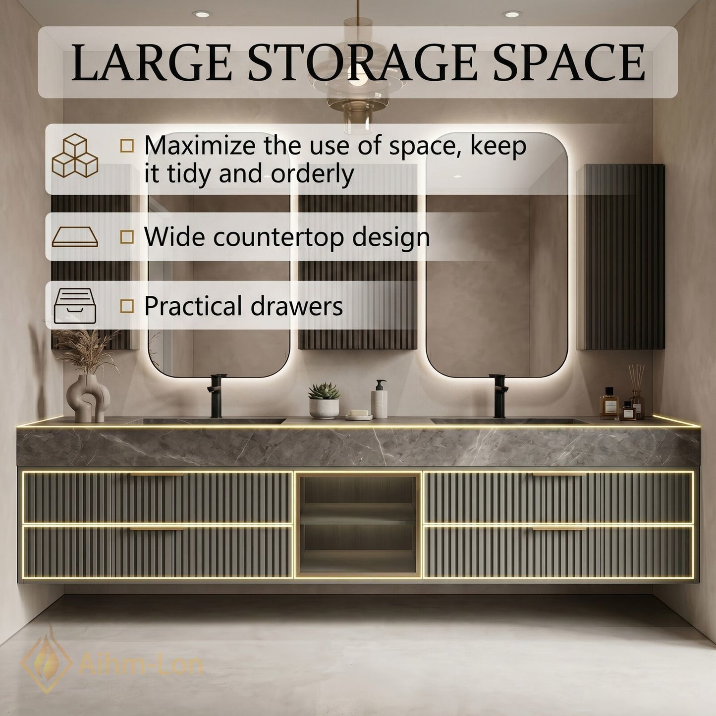 60''-96'' Double Bathroom Vanity with Sink Grooved Panel Front Gray Stone Vein