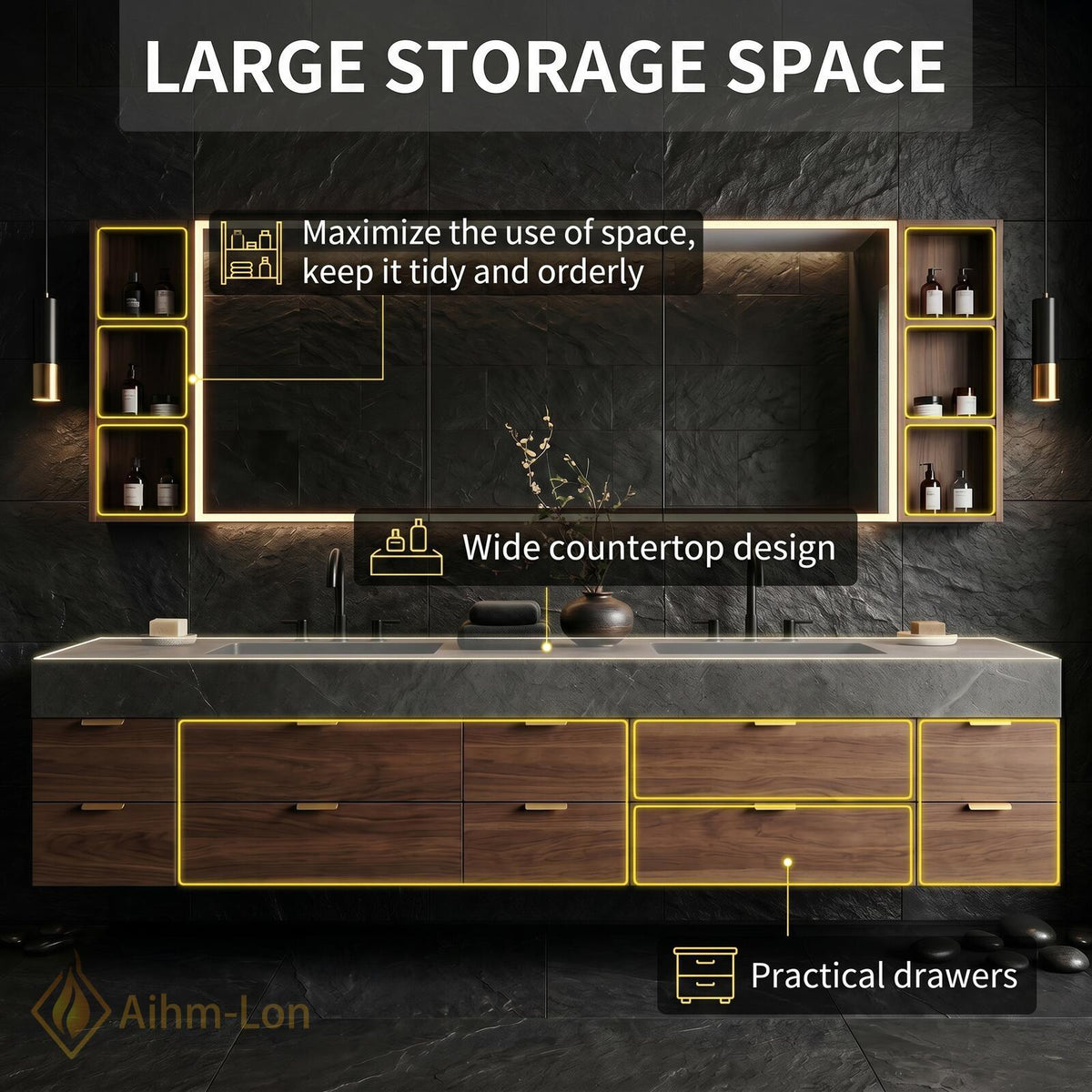 76''-96'' Double Bathroom Vanity with Sink Floating Double Dark Slate Finish Row