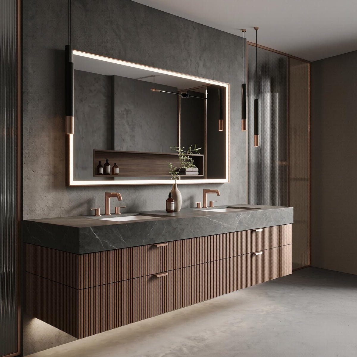 60''-96'' Double Bathroom Vanity with Sink Modern Floating Dark Wood Slatted Front Drawers