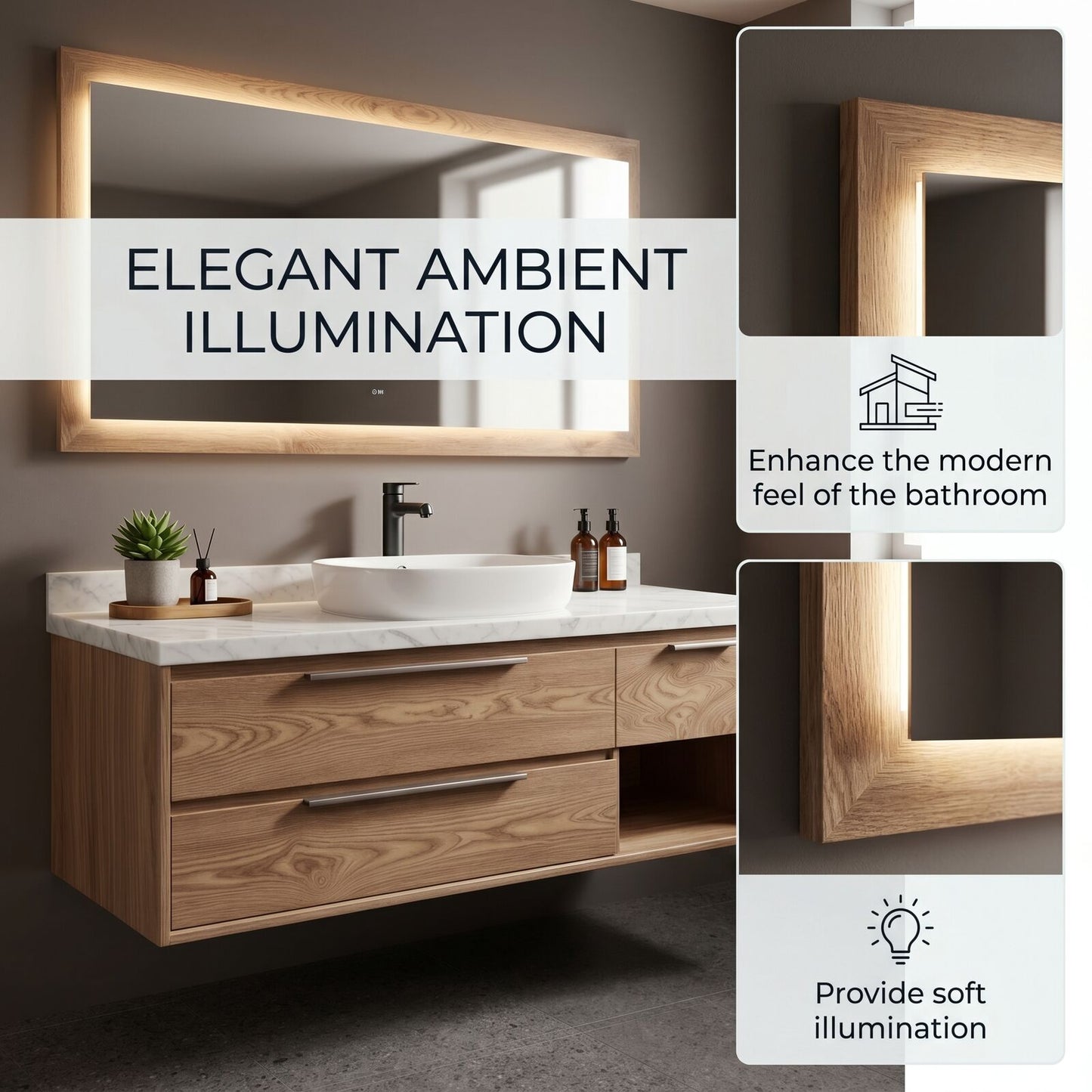 36''-64'' Modern Bathroom Vanity with Sink Marble Oak Floating Wood Grain Drawers