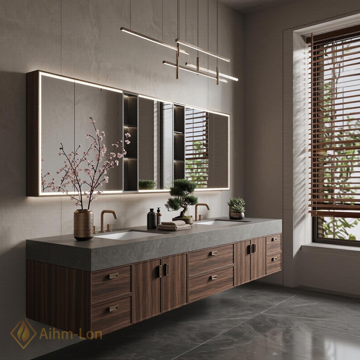 72''-96'' Double Bathroom Vanity with Sink Dark-Walnut Modern Floating Basin Stone