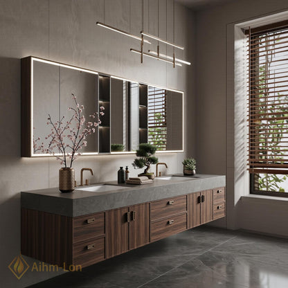 72''-96'' Double Bathroom Vanity with Sink Dark-Walnut Modern Floating Basin Stone