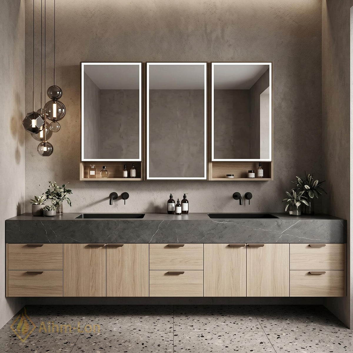 60''-96'' Double Bathroom Vanity with Sink Dark Taupe Finish Grooved Doors
