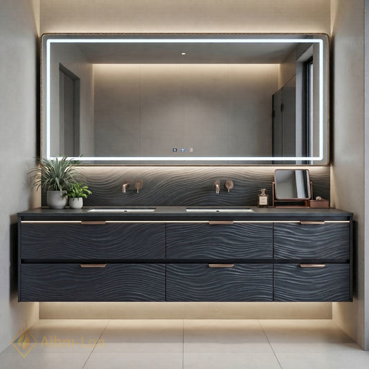 60''-96'' Double Bathroom Vanity with Sink Wave-Patterned Doors Deep Basin Six Drawers Cabinet