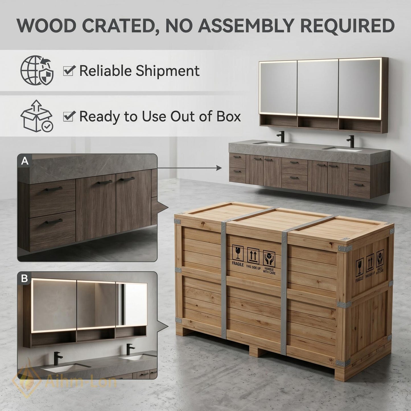 70''-96'' Modern Double Floating Bathroom Vanity with Sink Dark Center Slatted Panel