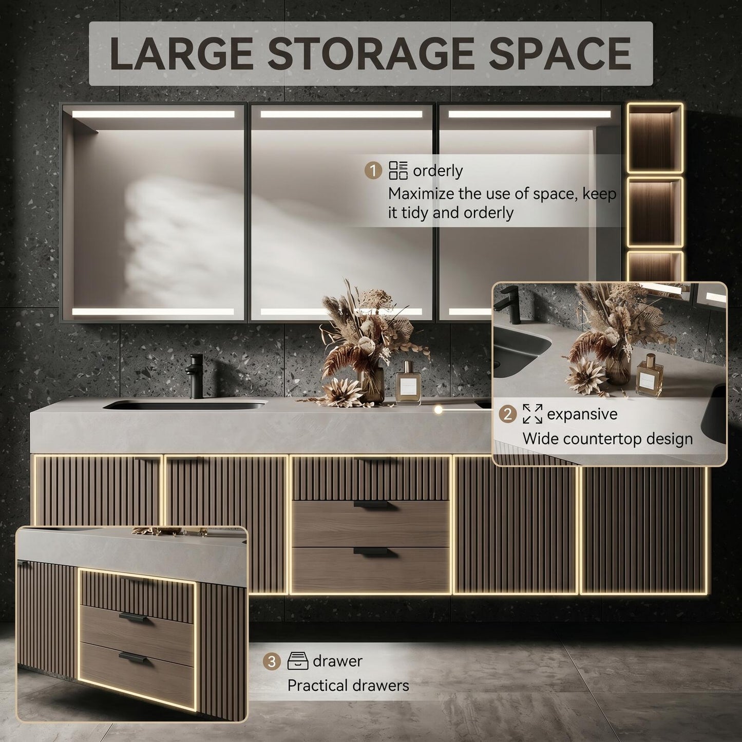 60''-96'' Modern Bathroom Vanity with Sink Double Sink Slatted Veneer Concrete Top Mirror Cabinet