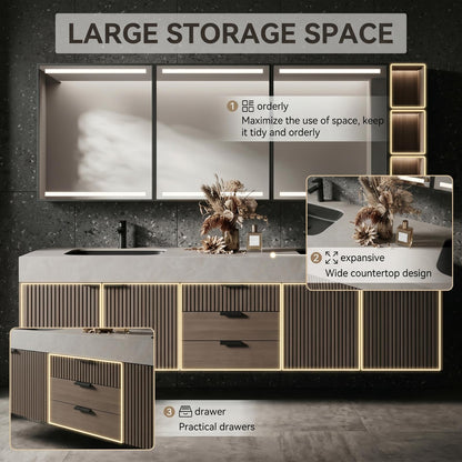60''-96'' Modern Bathroom Vanity with Sink Double Sink Slatted Veneer Concrete Top Mirror Cabinet