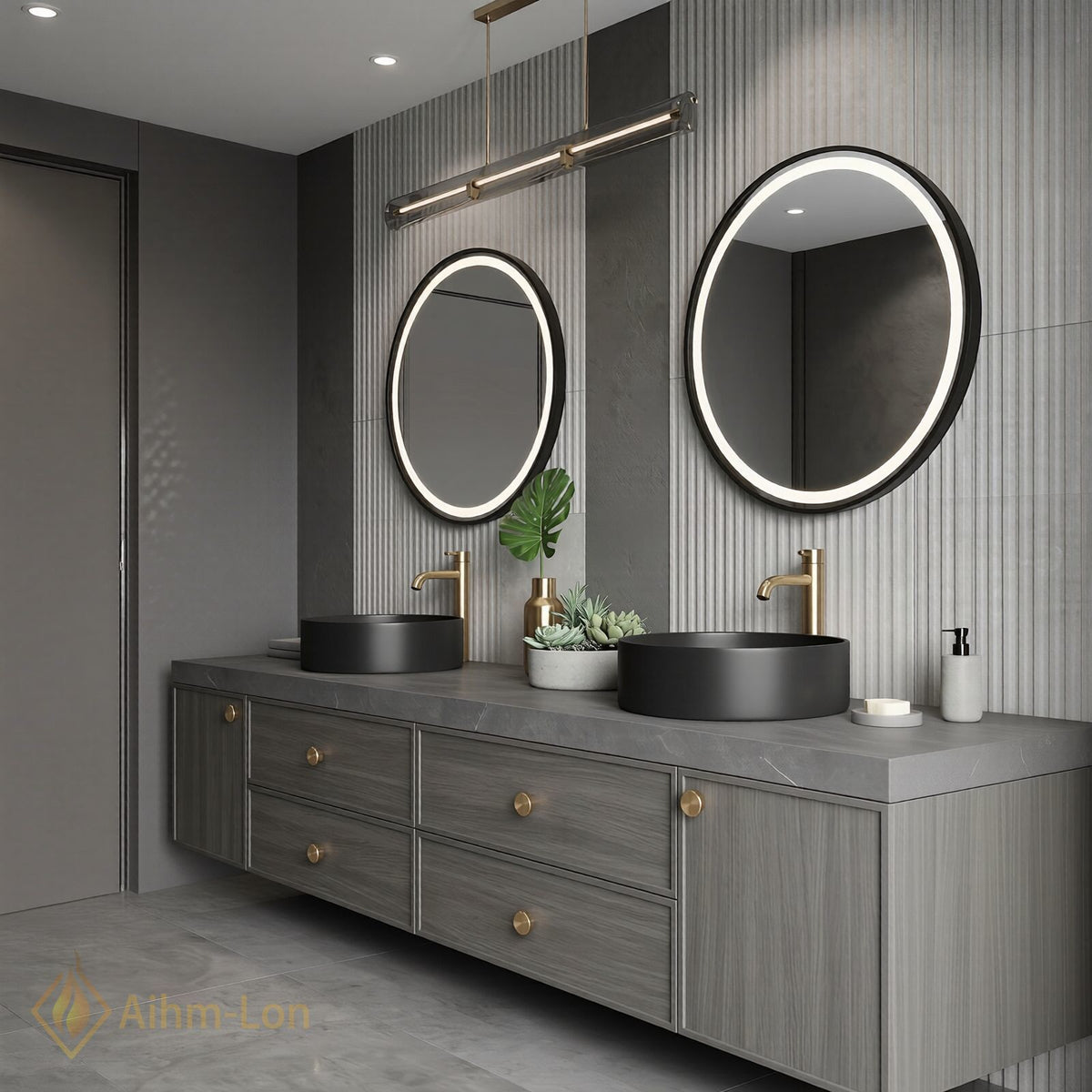 60''-96'' Double Bathroom Vanity with Sink Warm Grey Wood Grain Vertical Slats