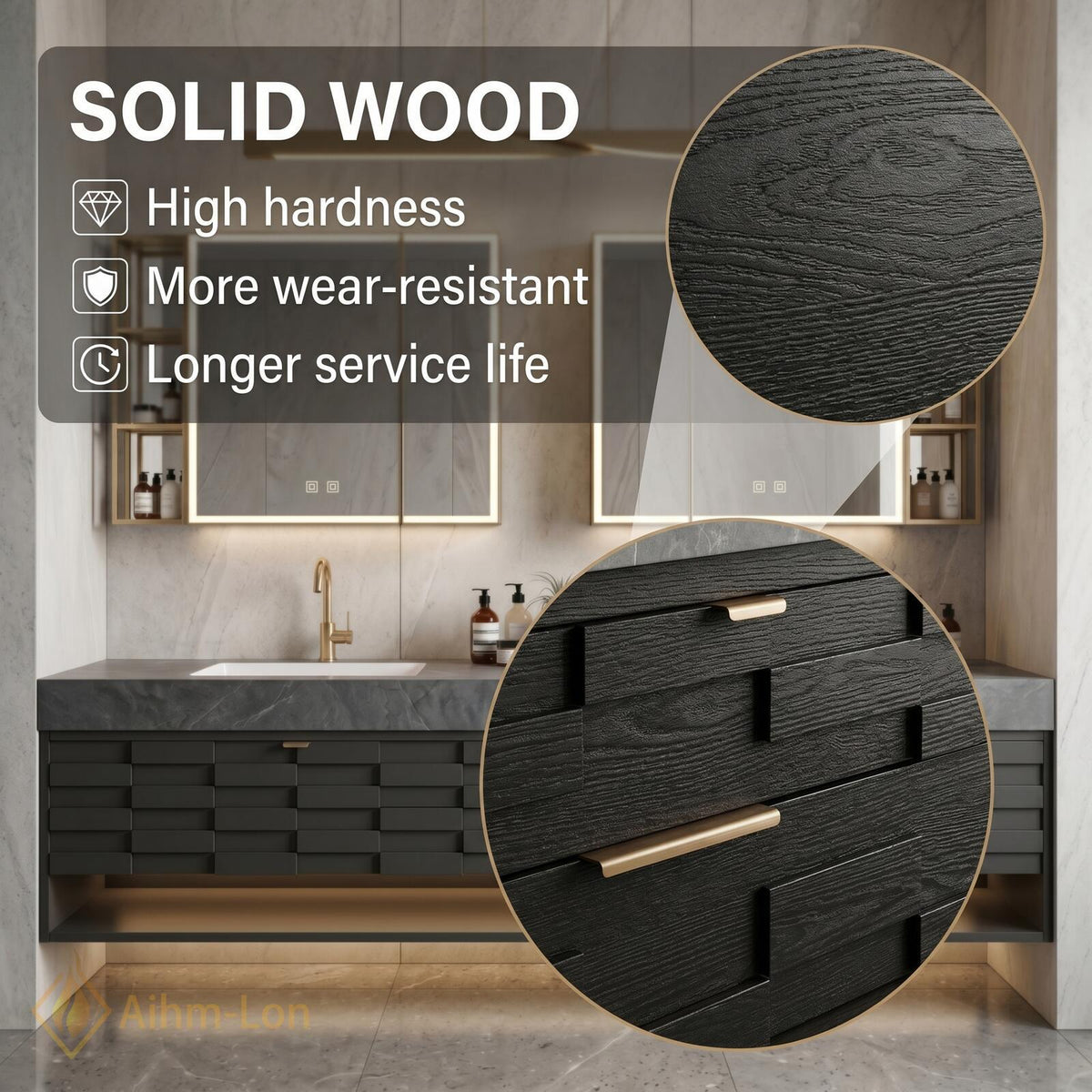 60''-96'' Double Bathroom Vanity with Sink Modern Floating Charcoal Finish Slatted Drawers
