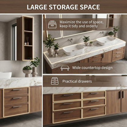 70''-96'' Modern Bathroom Vanity with Sink Double Sink White Marble Dark Walnut Cabinet