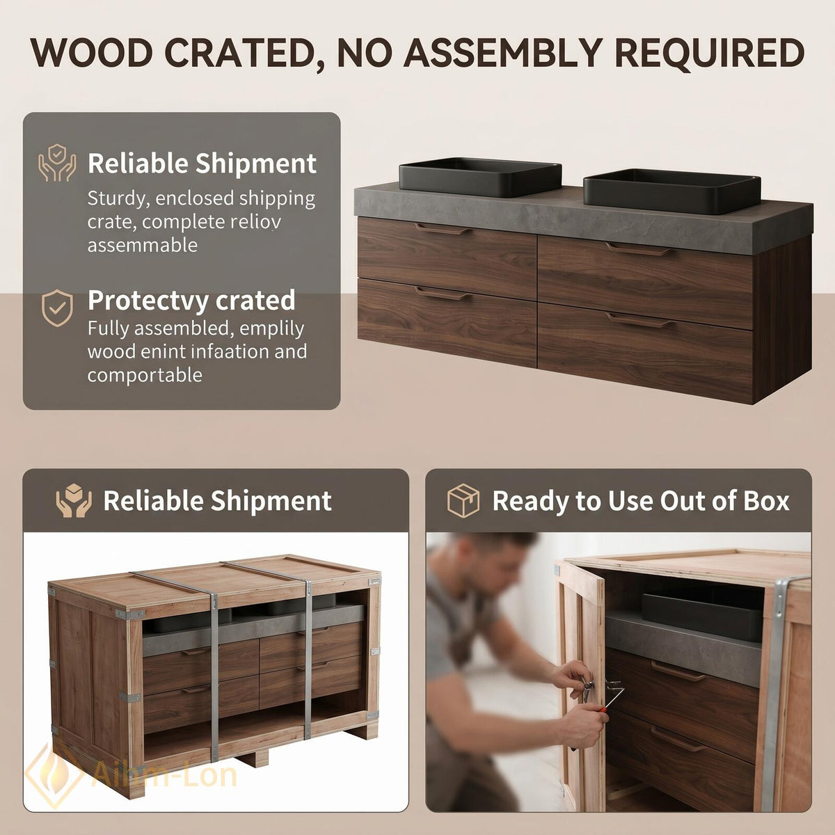 60''-96'' Double Bathroom Vanity with Sink Modern Floating Walnut Finish Slatted Panel