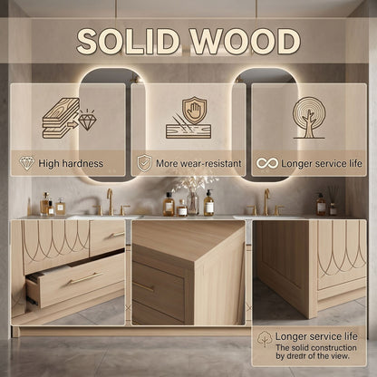 60''-96'' Elegant Bathroom Vanity with Sink Double Sink Wood Grain Stone Pattern Curved Doors