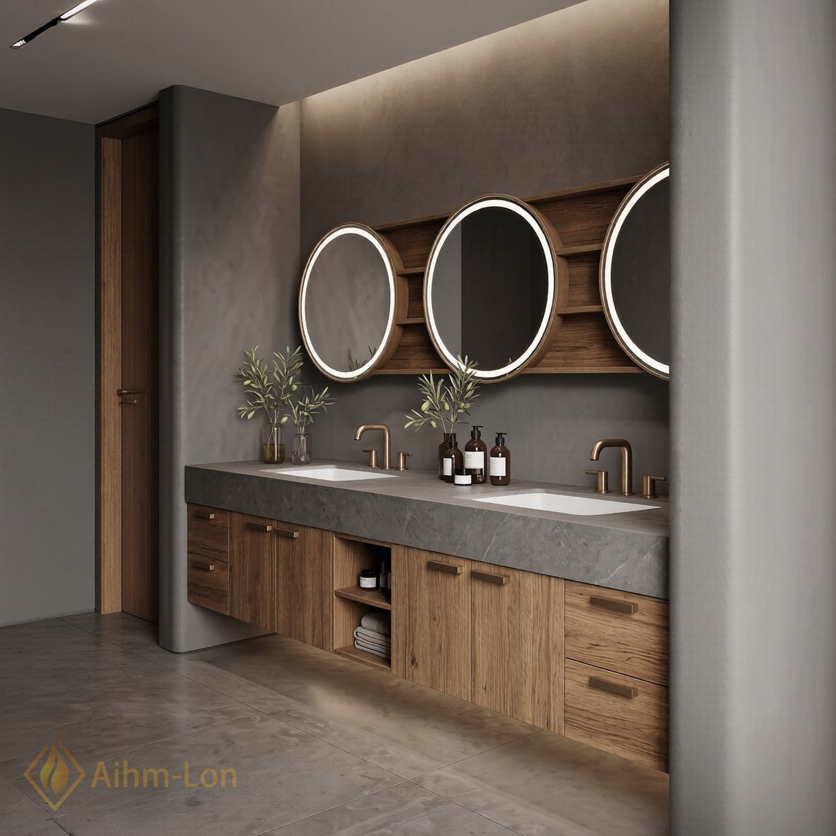 78''-96'' Double Bathroom Vanity with Sink Dark Walnut Open Shelving Slatted Panel