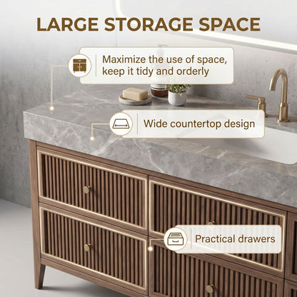 60''-96'' Modern Bathroom Vanity with Sink Grey Marble Slatted Wood Spacious Drawers