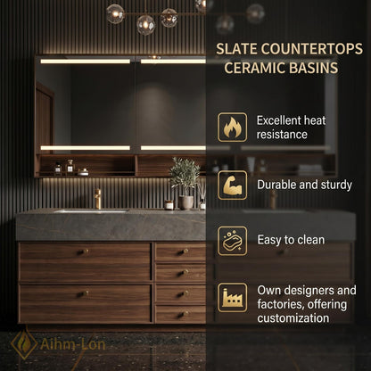 70''-96'' Modern Double Bathroom Vanity with Sink Floating Warm Walnut Grain Stack