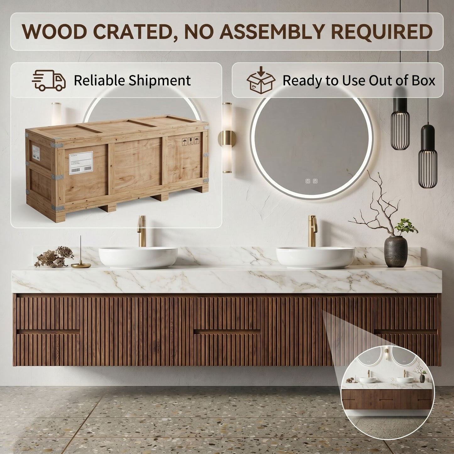 60''-96'' Modern Bathroom Vanity with Sink Double Sink Vertical Slatted Marble-look Drawers