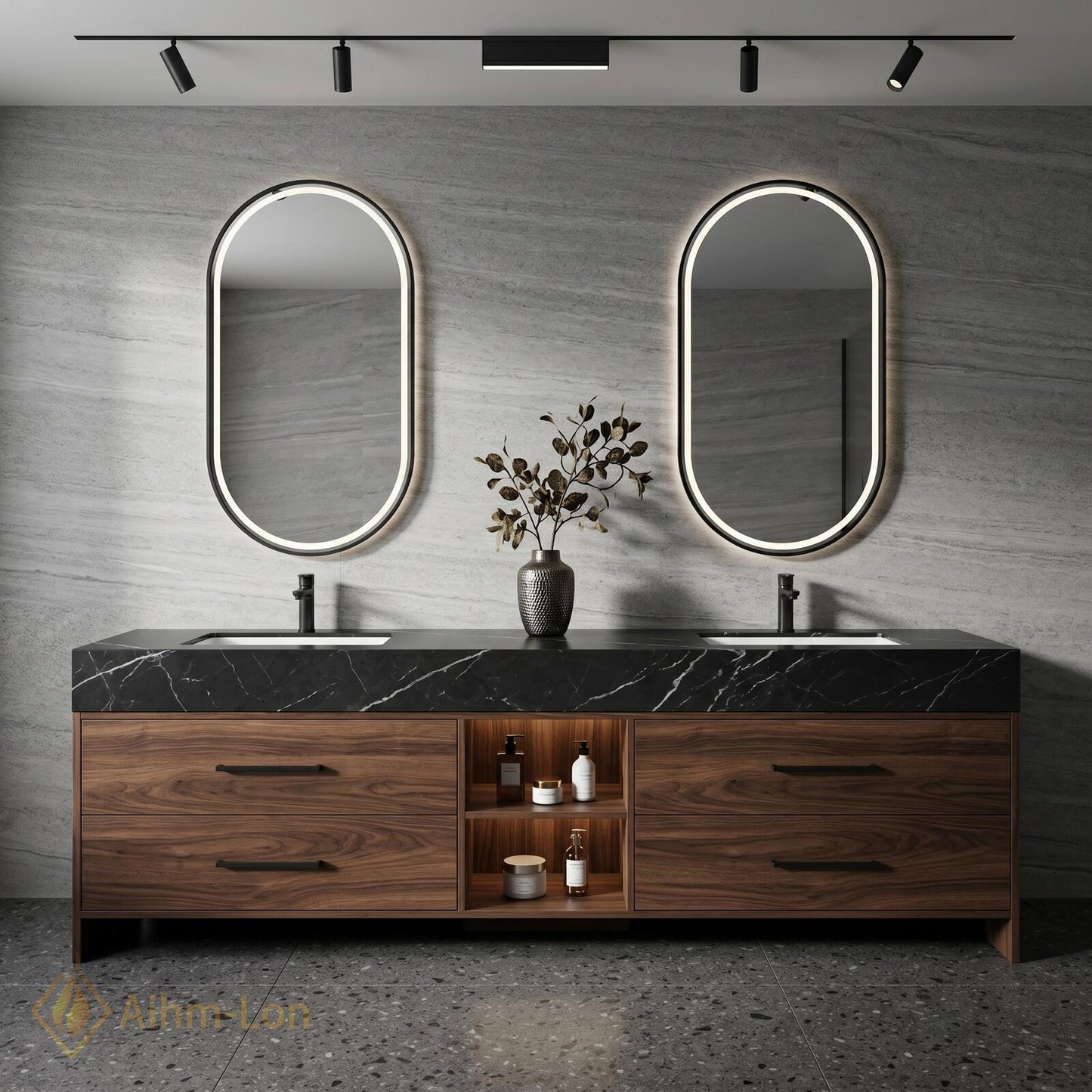 60''-96'' Double Bathroom Vanity with Sink Dark-Walnut Modern Floating Slatted Center Panel