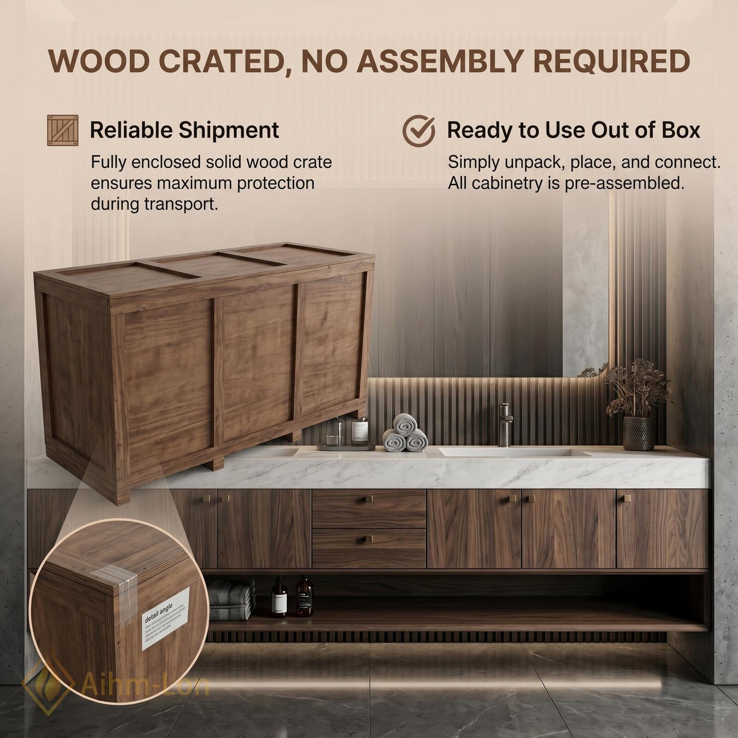 76''-96'' Double Bathroom Vanity with Sink Dark-Walnut Slatted-Panel Elegant Finish