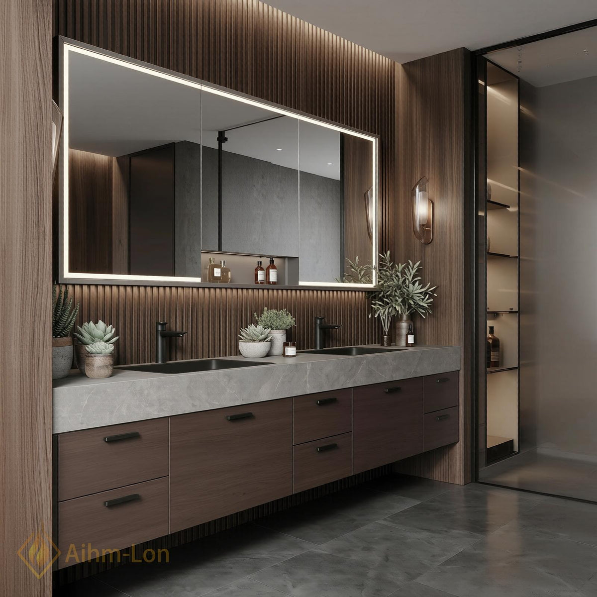 60''-96'' Double Bathroom Vanity with Sink Geometric Slatted Doors Dark Stone Countertop