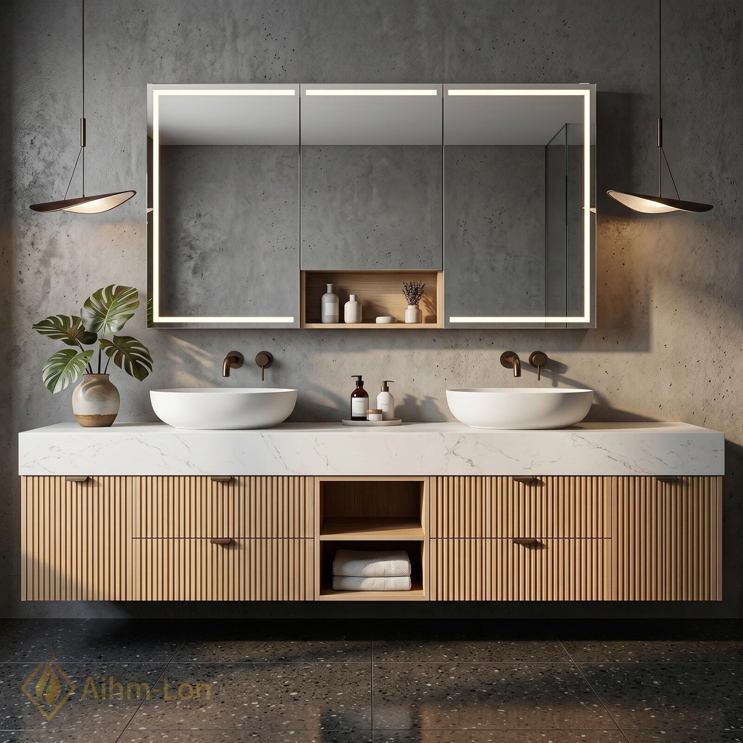 60''-96'' Double Bathroom Vanity with Sink Modern Ribbed Wood Panels Marble-Style Top