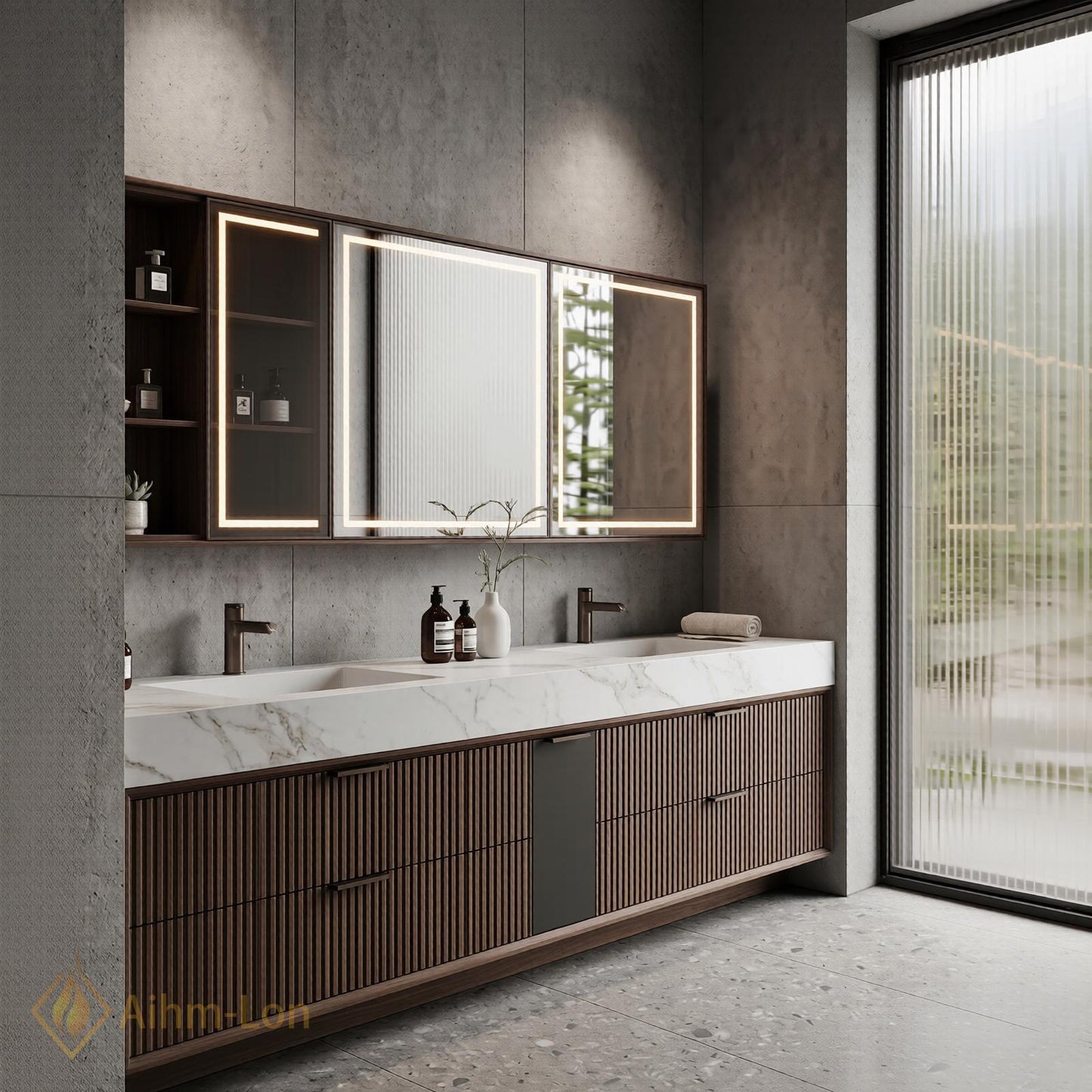 60''-96'' Double Bathroom Vanity with Sink Elegant Floating Dark Walnut Marble Surface