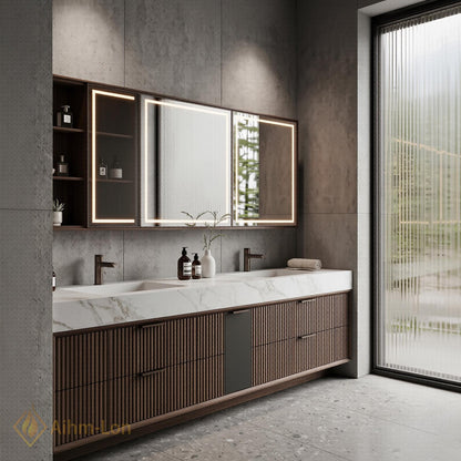 60''-96'' Double Bathroom Vanity with Sink Elegant Floating Dark Walnut Marble Surface