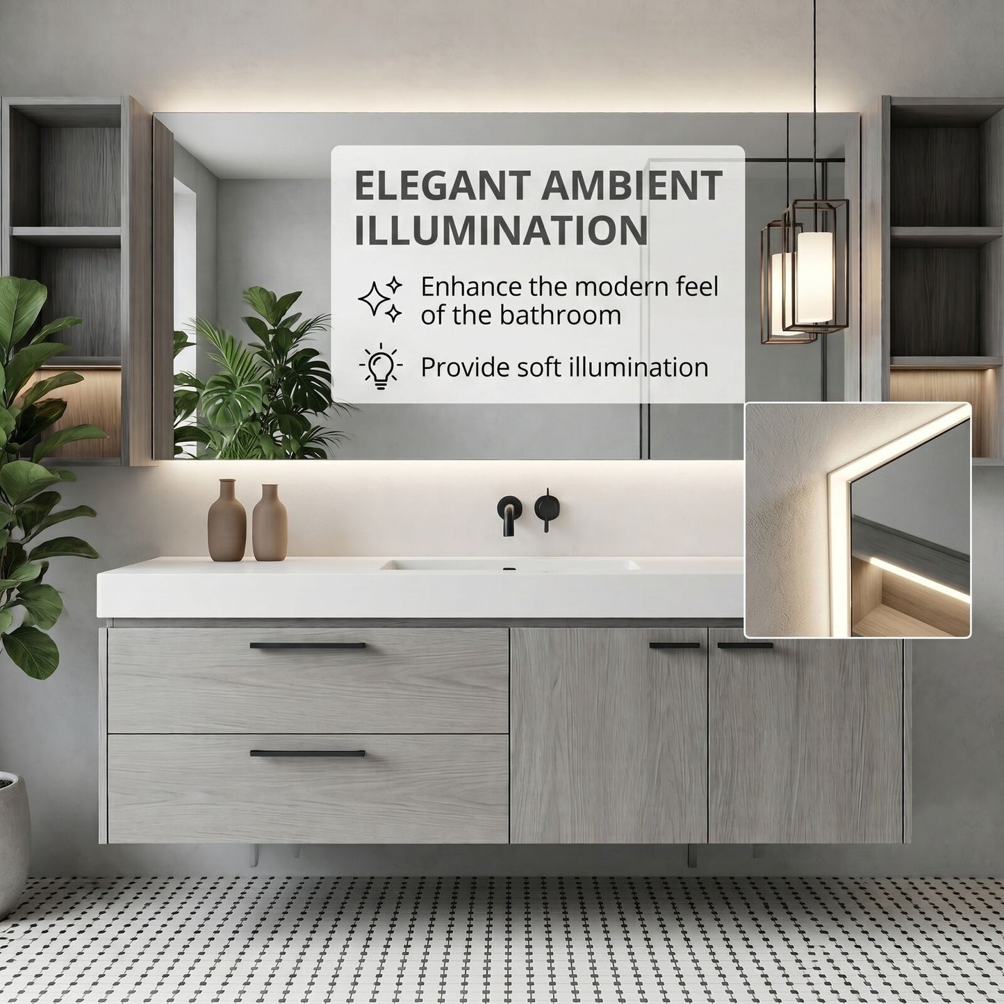 36''-64'' Modern Bathroom Vanity with Sink Single Grey Wood Grains Floating Mirror Cabinet