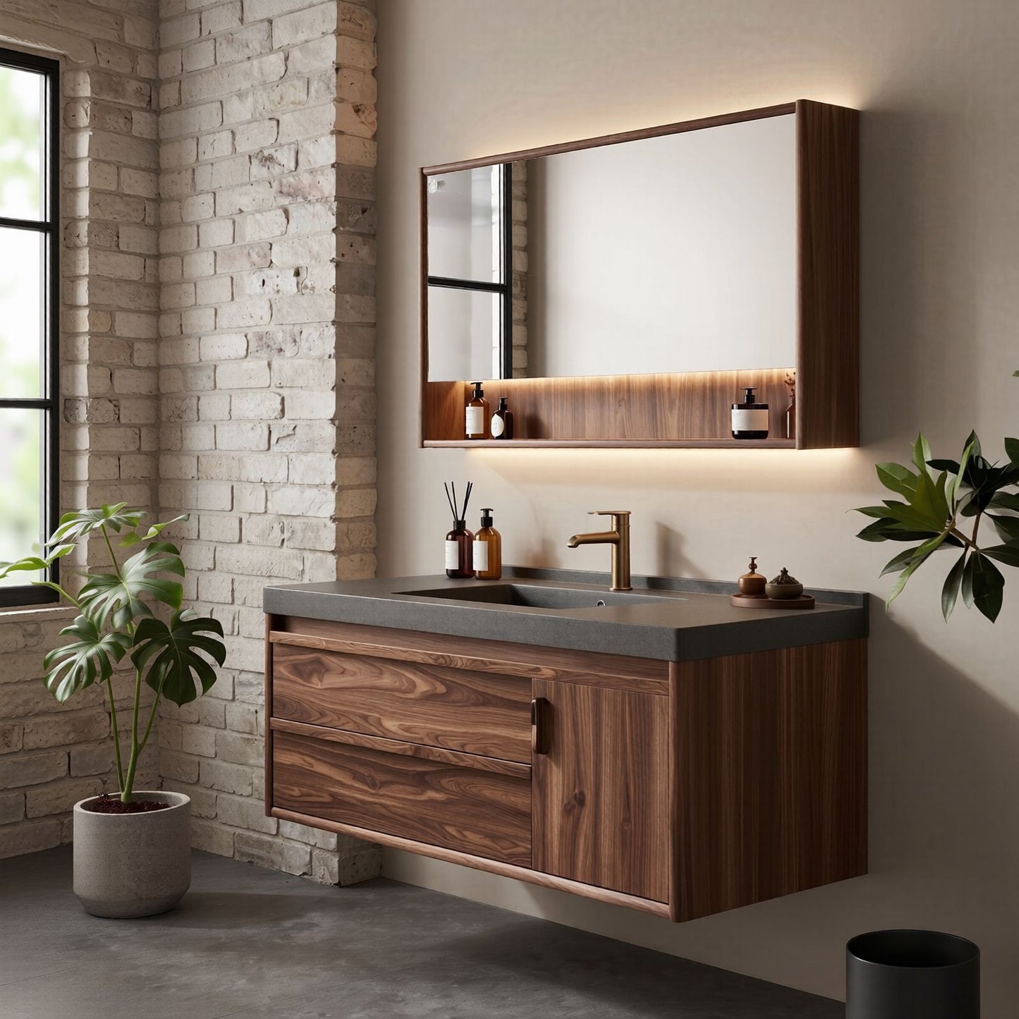 36''-64'' Modern Bathroom Vanity with Sink Floating Grey Stone Walnut Wood Grain Deep Drawers