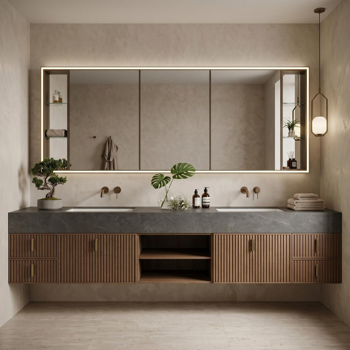 60''-96'' Double Bathroom Vanity with Sink Modern Floating Warm Walnut Dark Stone Top
