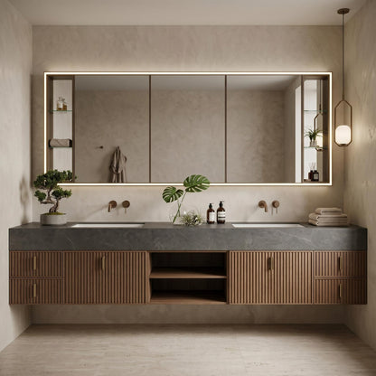 60''-96'' Double Bathroom Vanity with Sink Modern Floating Warm Walnut Dark Stone Top