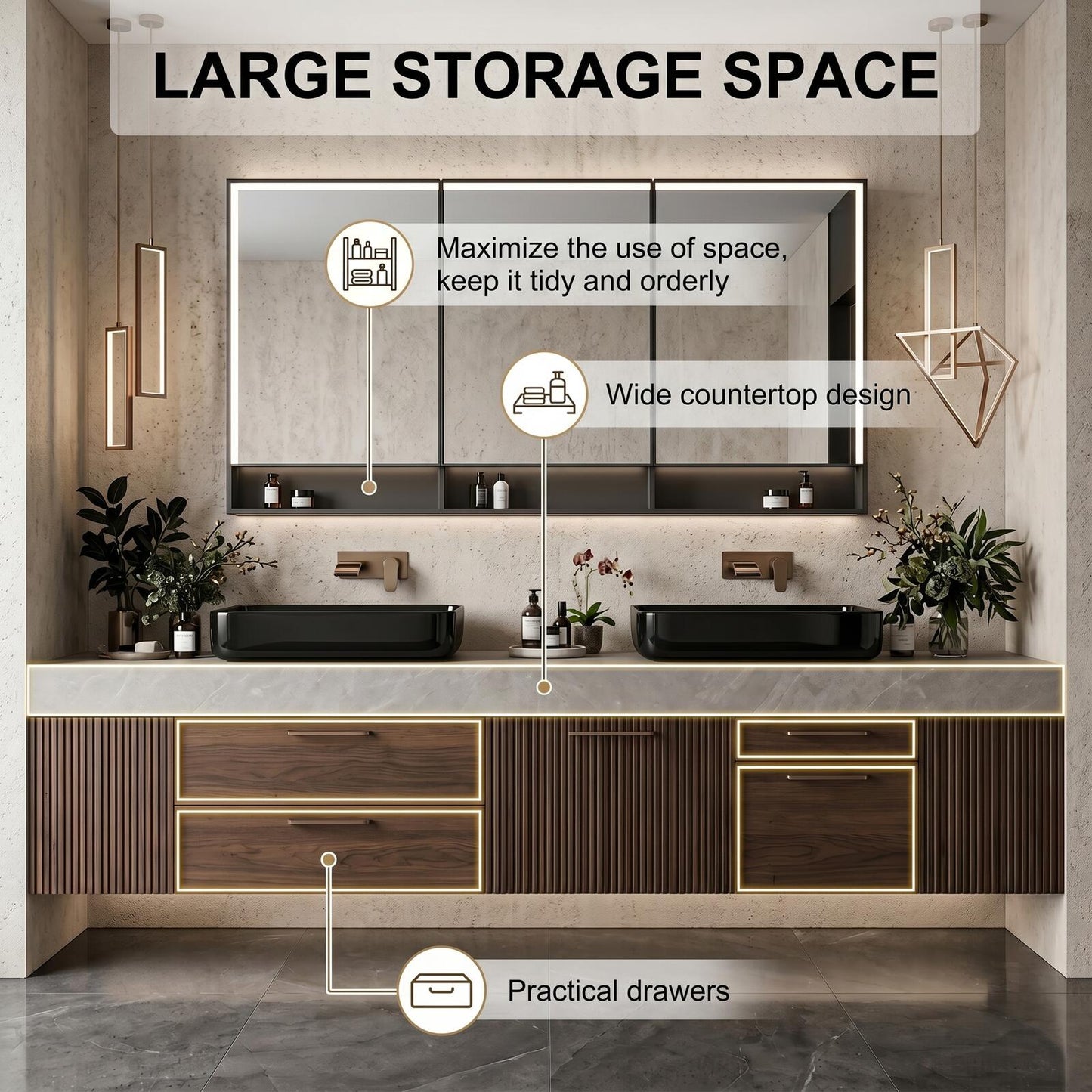 70''-96'' Modern Bathroom Vanity with Sink Double Sink Walnut Tone Fluted Panels Cabinet