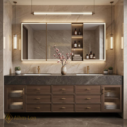 60''-96'' Double Bathroom Vanity with Sink Wall-Mounted Dark Stone Top Ample Drawers