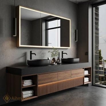 60''-96'' Double Bathroom Vanity with Sink Dark-Walnut Modern Floating Slatted-Panel