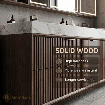 60''-96'' Double Bathroom Vanity with Sink Elegant Floating Dark Walnut Marble Surface