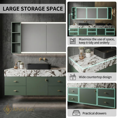60''-96'' Double Bathroom Vanity with Sink Dark Green Finish White Marble-Style Top