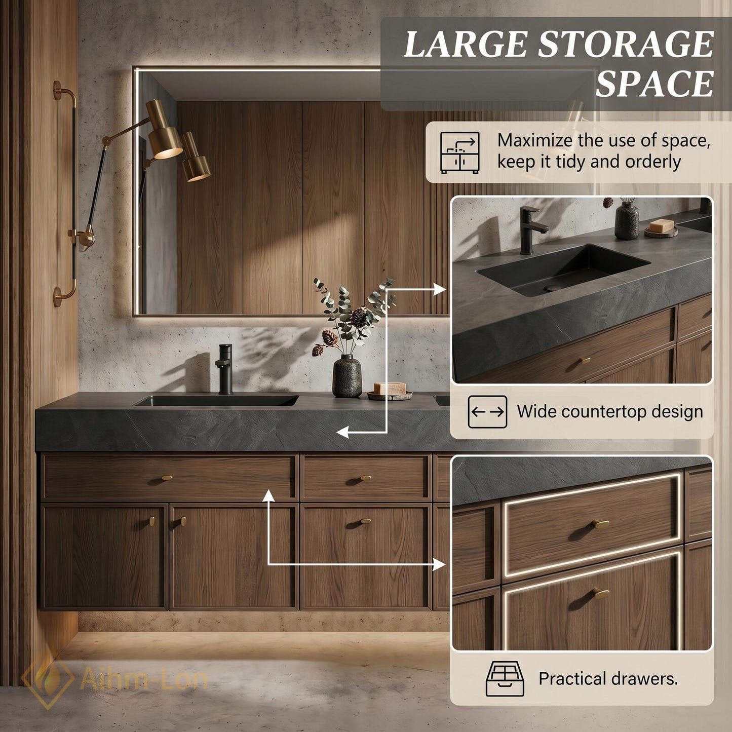 70''-96'' Double Bathroom Vanity with Sink Floating Modern Basins Dark Stone Countertop