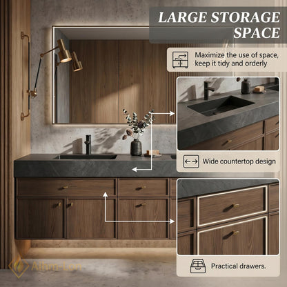 70''-96'' Double Bathroom Vanity with Sink Floating Modern Basins Dark Stone Countertop
