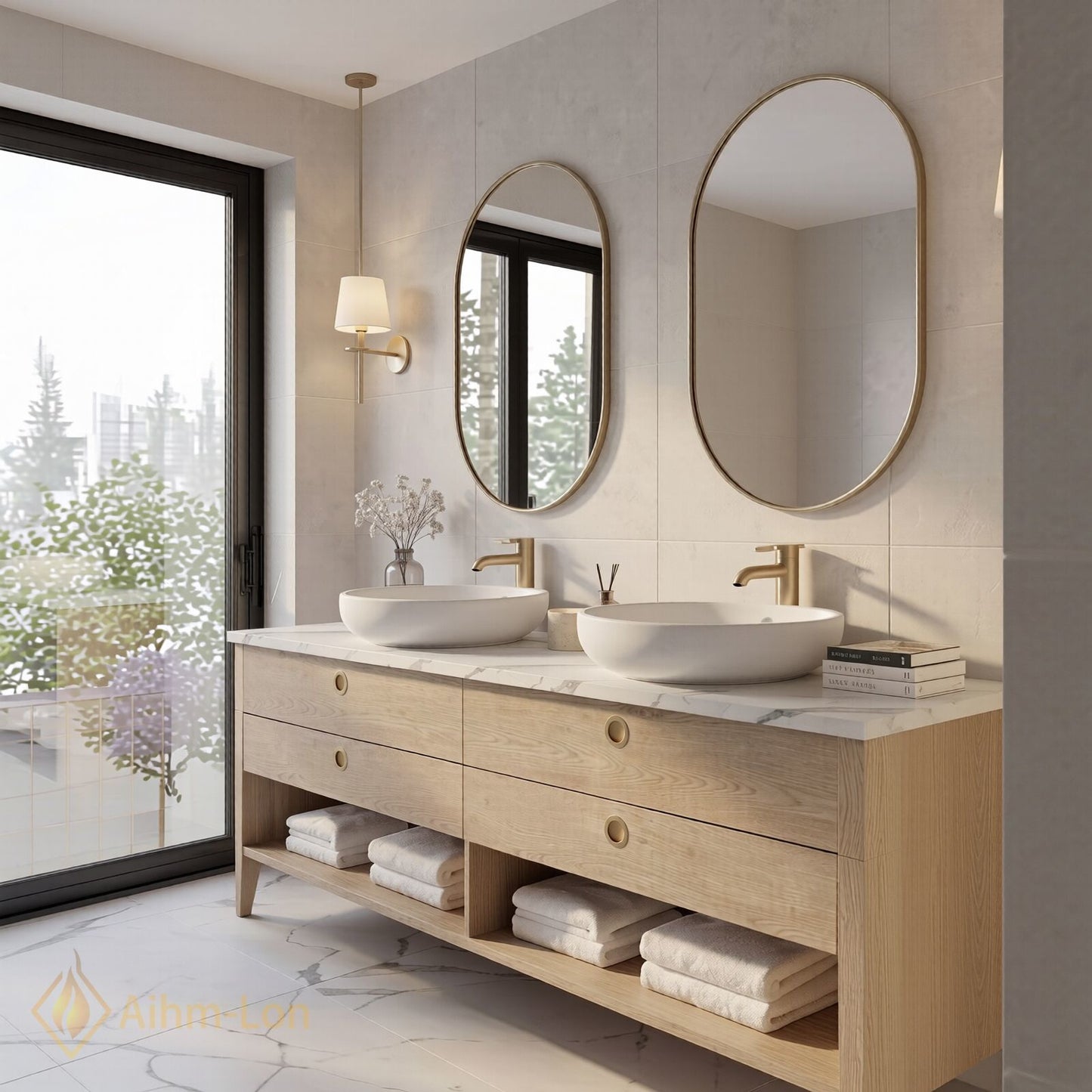 60''-96'' Double Bathroom Vanity with Sink Woodgrain Marble Pattern Floating Frame Cabinet