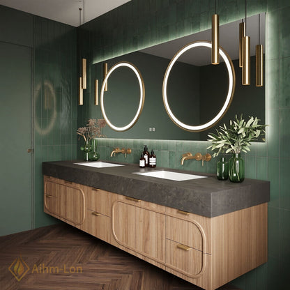 76''-96'' Double Bathroom Vanity with Sink Floating Stone-Top Dark Rounded Doors Design