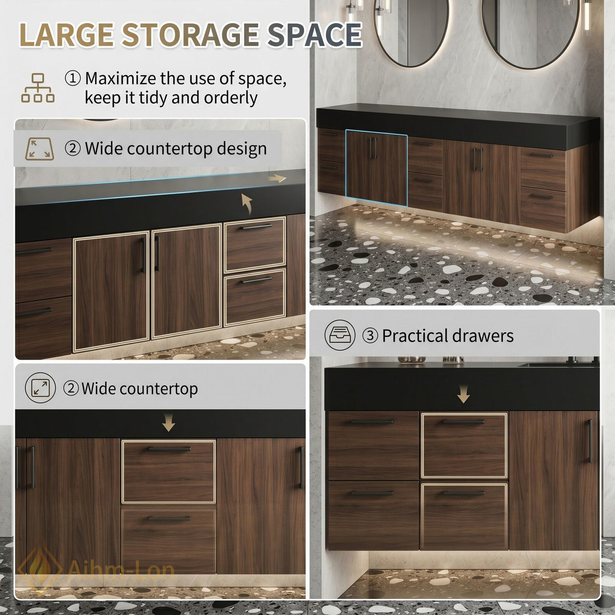76''-96'' Double Bathroom Vanity with Sink Dark Walnut Grain Tall Drawers Storage