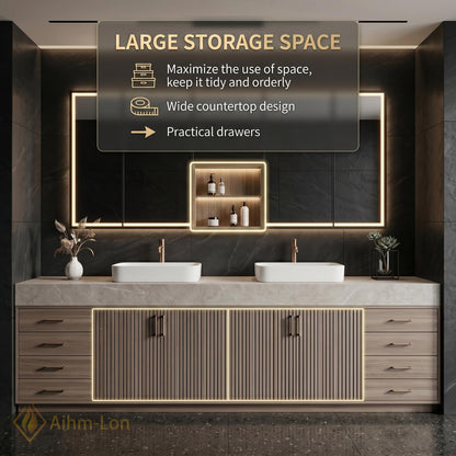 72''-96'' Double Bathroom Vanity with Sink Light-Wood Modern Slatted Doors Storage