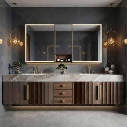 60''-96'' Double Bathroom Vanity with Sink Marble-Effect Top Dark Walnut Slatted Front