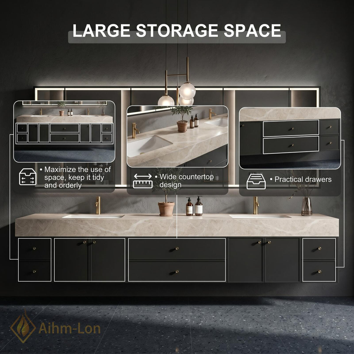 60''-96'' Double Bathroom Vanity with Sink Long Dark Matte Finish Stone Top