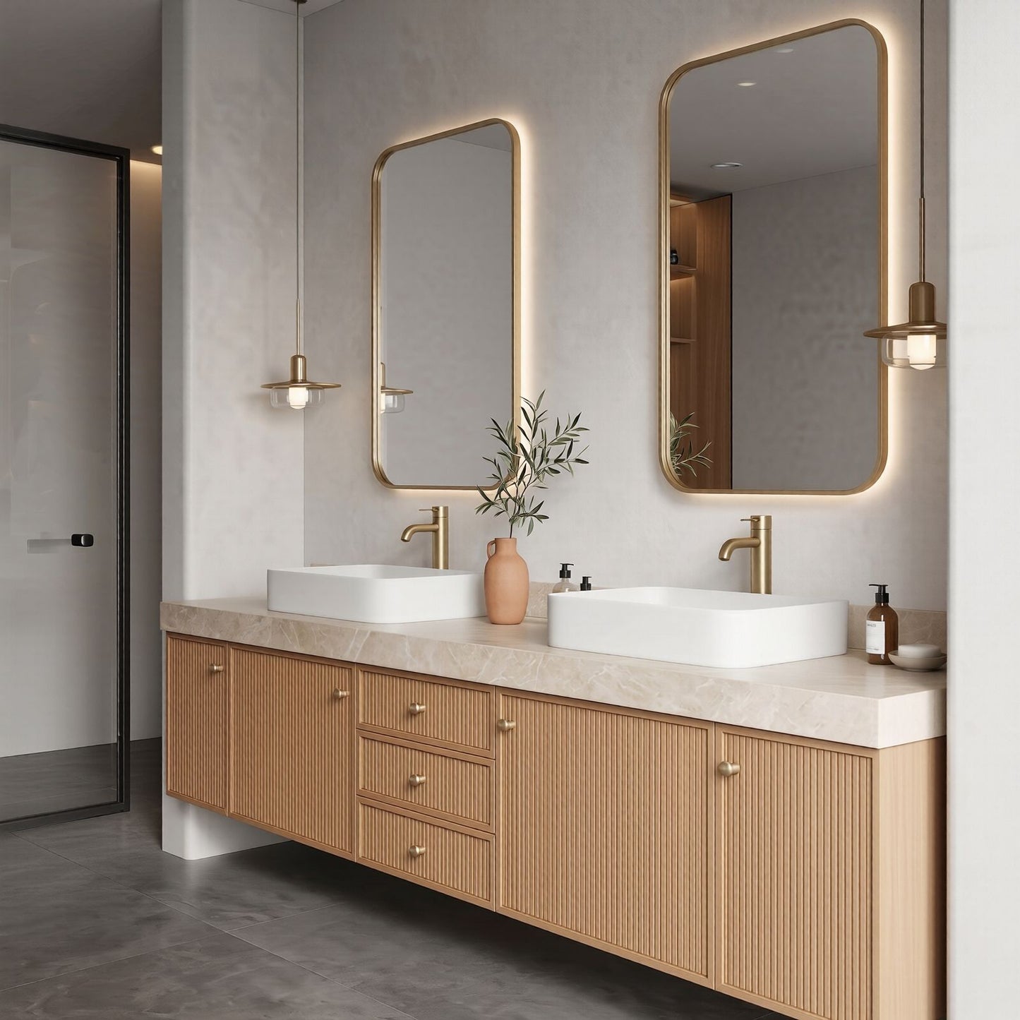 72''-96'' Modern Bathroom Vanity with Sink Fluted Wood Paneling Cream Stone Top
