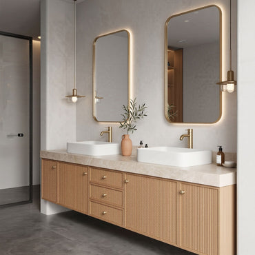 72''-96'' Modern Bathroom Vanity with Sink Fluted Wood Paneling Cream Stone Top
