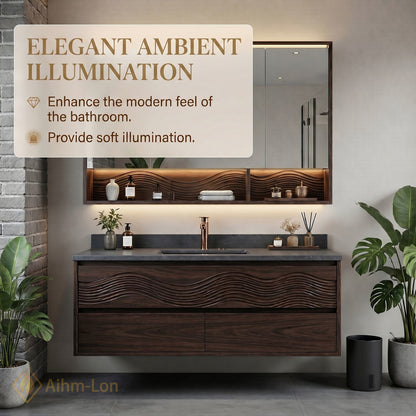36''-64'' Modern Bathroom Vanity with Sink Floating Wavy Carved Wood Anti-Fog Mirror