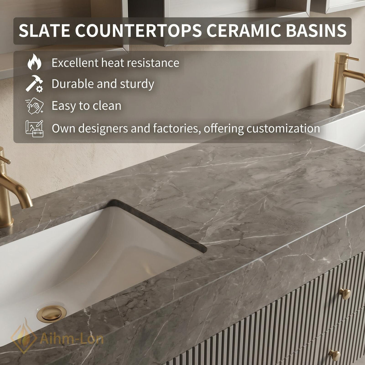 60''-96'' Double Bathroom Vanity with Sink Modern Grey Stone Top Ribbed Panels