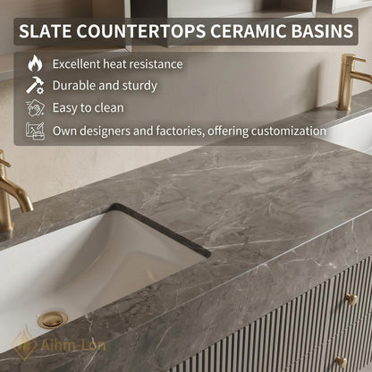 60''-96'' Double Bathroom Vanity with Sink Modern Grey Stone Top Ribbed Panels